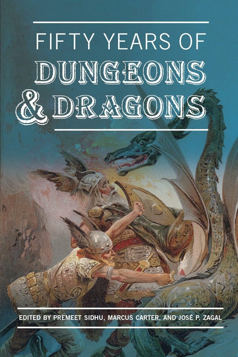 Cover of "Fifty Years of Dungeons & Dragons" showing two bearded warriors fighting against a dragon.